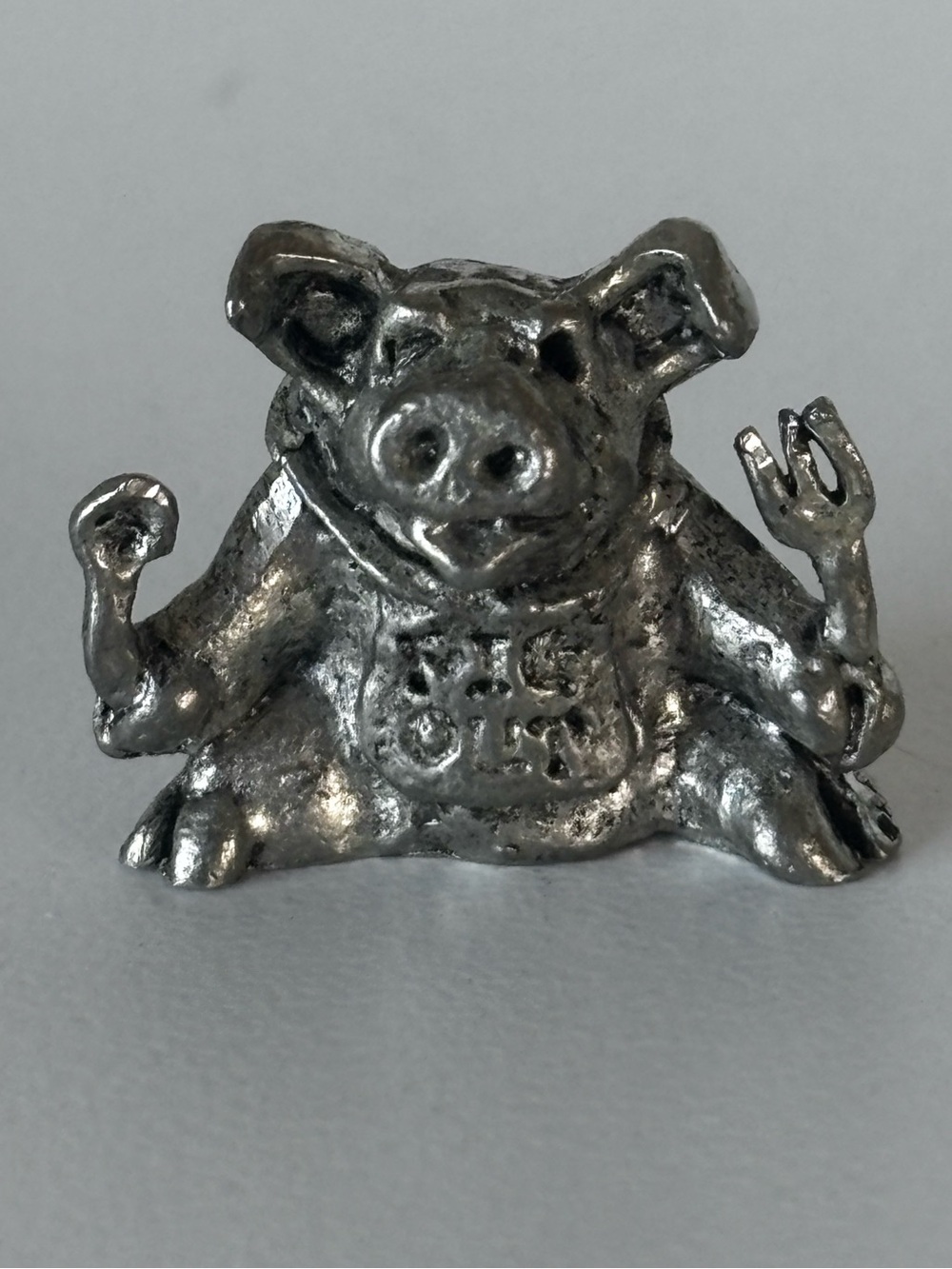 Vintage Miniature Pewter Pig “Pig Out“ Figurine • Fork Spoon 1”
